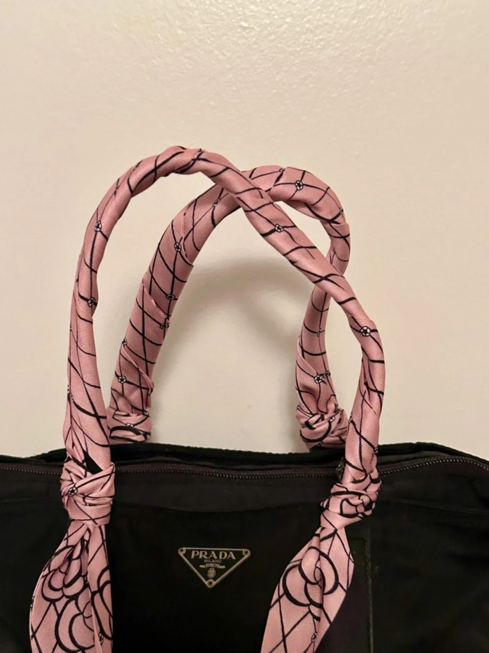 Prada Black Nylon Tote with Pink Scarf-Detail Handles - Picture 3 of 12